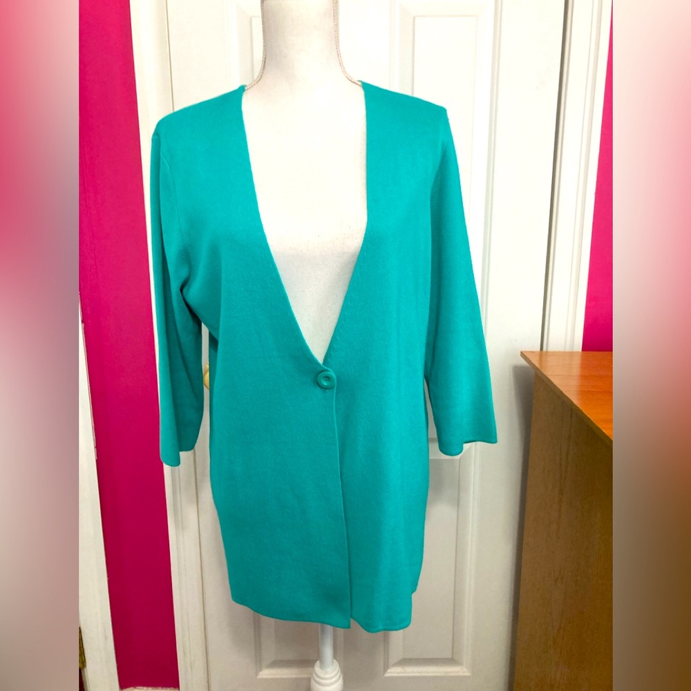 Spring + Mercer Open Front, Turquoise, One Button Cardigan Sweater, Size L